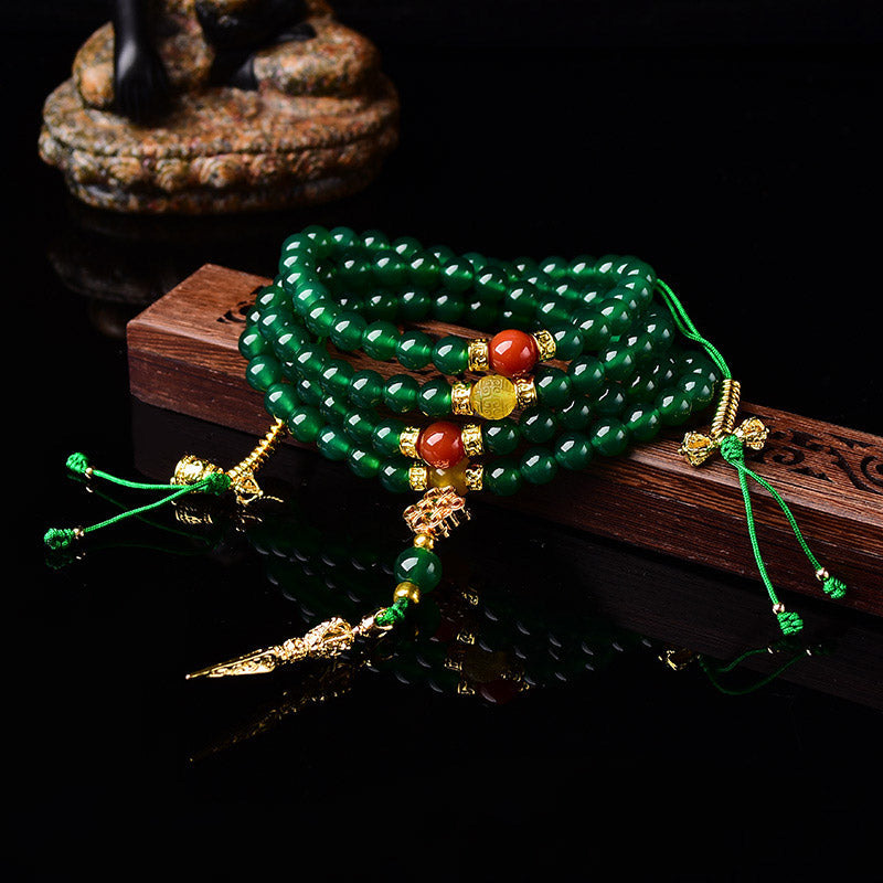 Wear FengShui 108 Beads Natural Green Agate Success Bracelet Mala