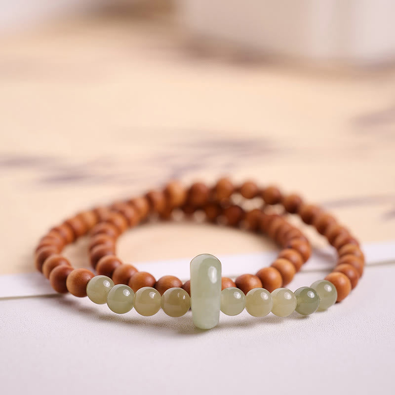 Wear FengShui Sandalwood Hetian Jade Protection Double Wrap Bracelet