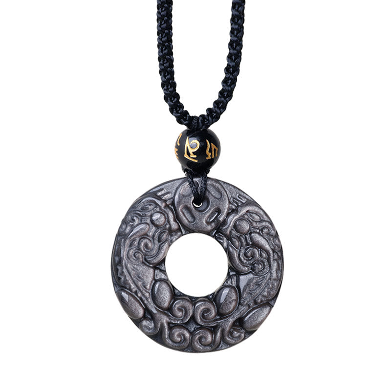 Wear FengShui Natural Silver Sheen Obsidian Double PiXiu Copper Coin Peace Buckle Protection Necklace Pendant
