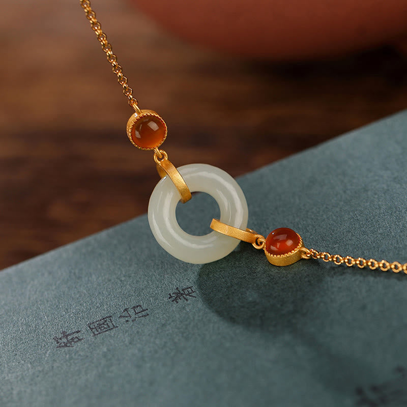 Wear FengShui 925 Sterling Silver Plated Gold Natural Hetian Jade Peace Buckle Red Agate Luck Bracelet