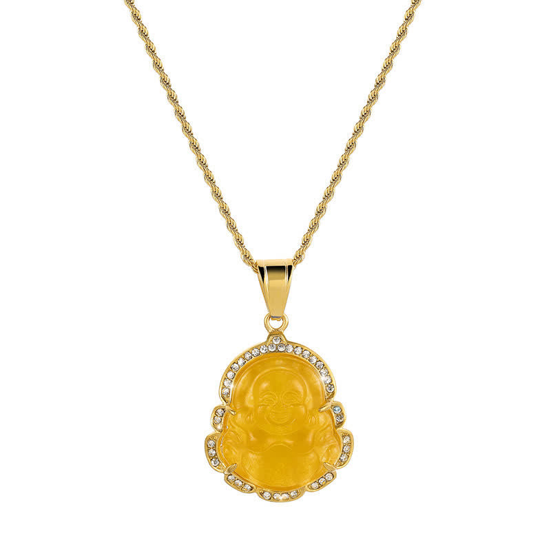 Wear FengShui 18K Gold Filled Laughing Buddha Jade Luck Necklace Chain Pendant