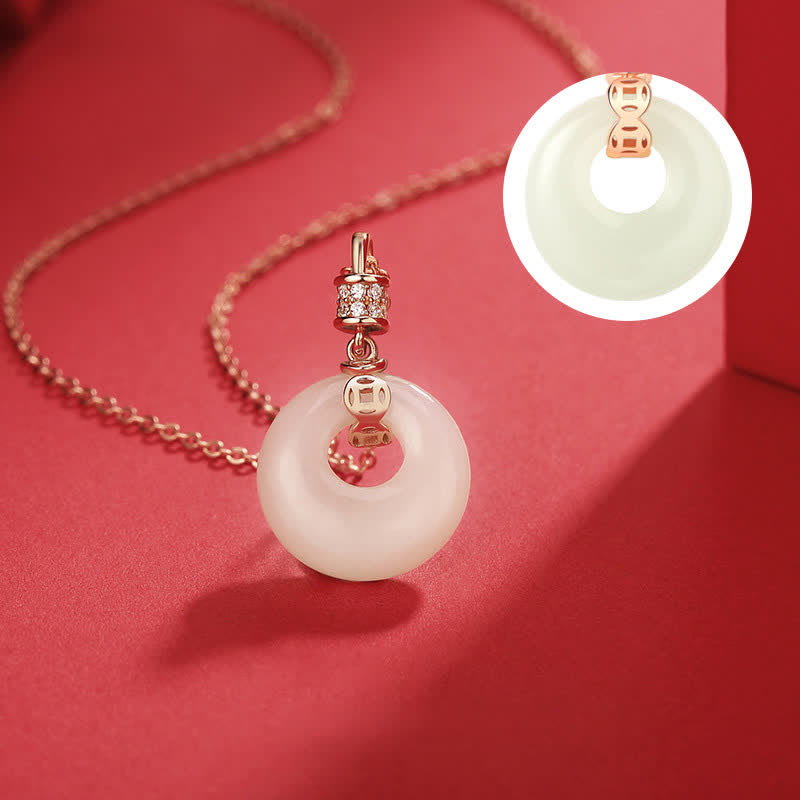 Wear FengShui 925 Sterling Silver Hetian White Jade Coin Flower Peace Buckle Luck Necklace Pendant