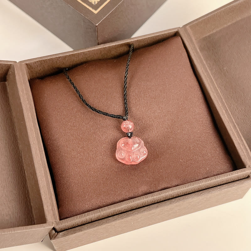 Wear FengShui Strawberry Quartz Lovely Cat Paw Claw Healing Necklace Pendant
