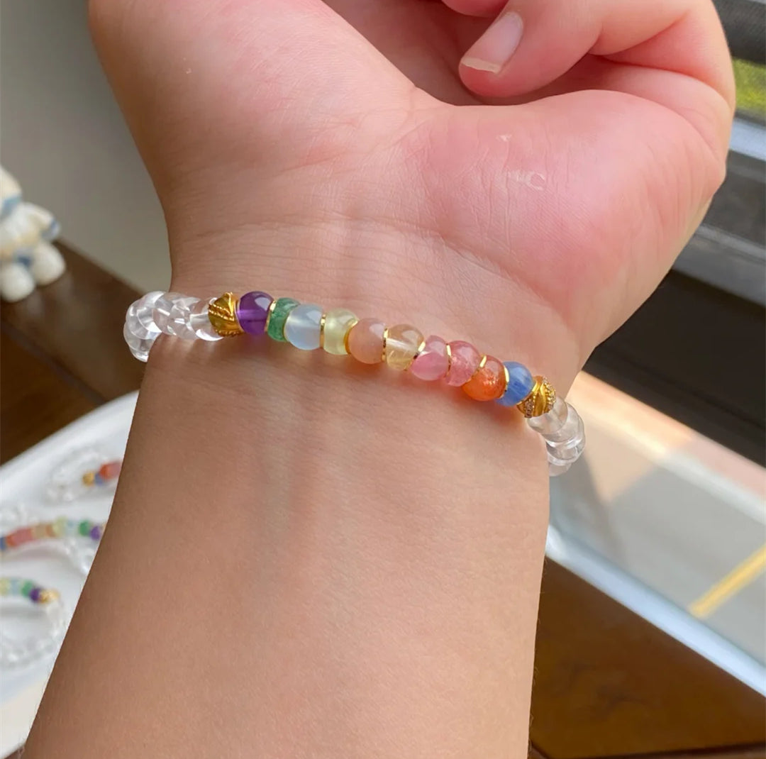 Tibetan Angled-Cut White Crystal Bracelet with Multicolor Crystals – Top-Grade Clear Quartz, Stress-Relieving & Meditation-Friendly