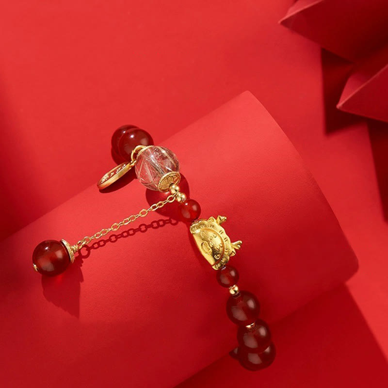 Wear FengShui Year of the Dragon Dumpling Natural Red Agate Garnet Hetian Jade Fu Character Luck Success Bracelet