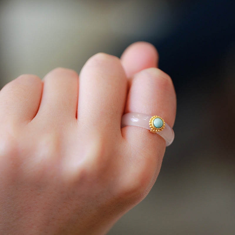 Wear FengShui White Agate Cyan Jade Turquoise Red Agate Luck Protection Ring