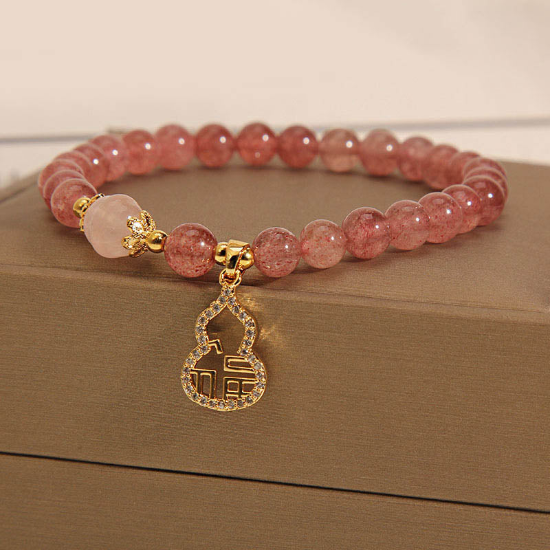 Wear FengShui Strawberry Quartz Gourd Fu Character Charm Positive Bracelet