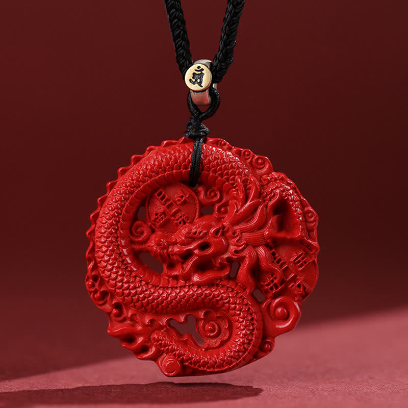Wear FengShui Year of the Dragon 925 Sterling Silver Natural Cinnabar Copper Coin Luck Necklace Pendant