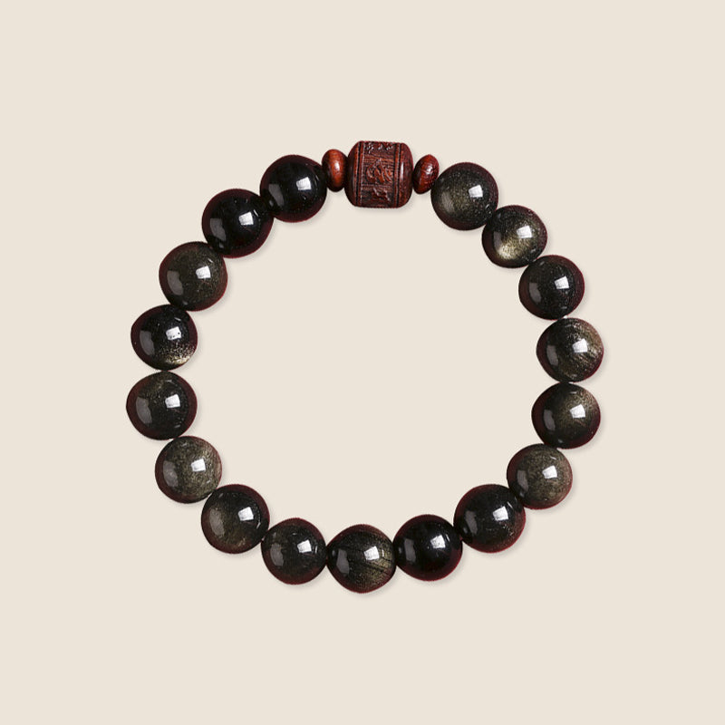 Wear FengShui Natural Gold Sheen Obsidian Rainbow Obsidian Om Mani Padme Hum Fu Character Healing Bracelet