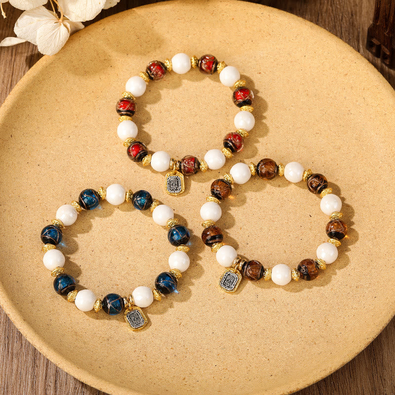Wear FengShui Tibetan Zakiram Goddess of Wealth Charm Liuli Glass Incense Ash Porcelain Bead Protection Bracelet