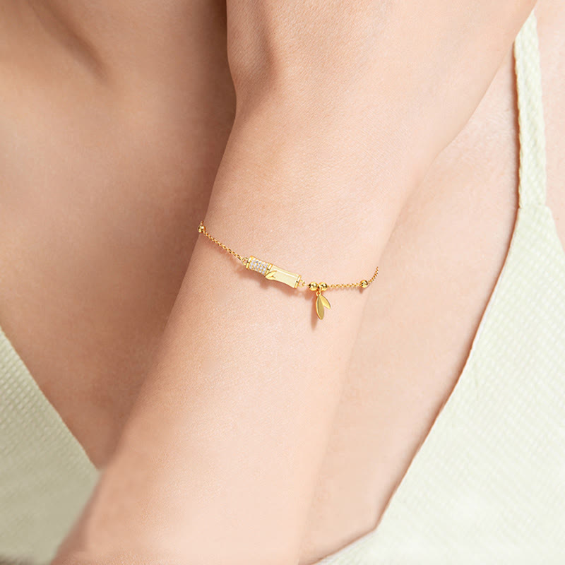 Wear FengShui 925 Sterling Silver 18K Gold Plated White Jade Bamboo Zircon Leaf Luck Bracelet