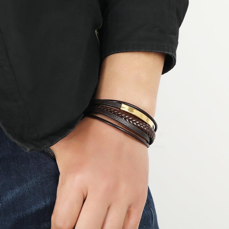 Wear FengShui Simple Design Titanium Steel Leather Luck Bracelet
