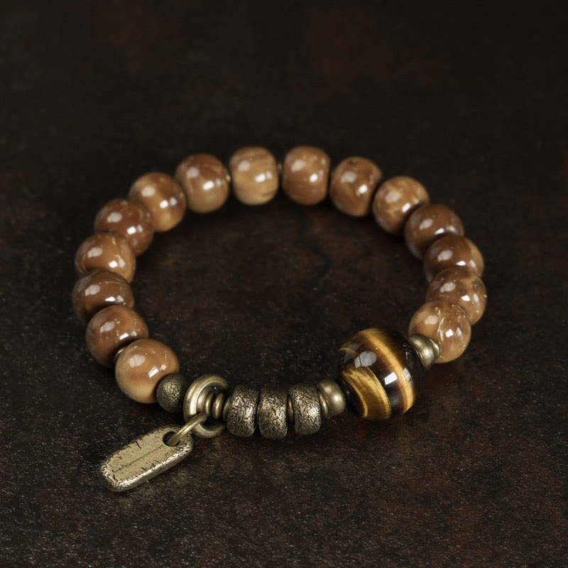 Wear FengShui Kuka Seed Tiger Eye Gold Sheen Obsidian Brass Copper Wealth Luck Bracelet