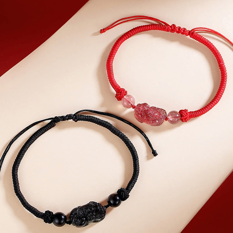Wear FengShui Handmade Natural Silver Sheen Obsidian Strawberry Quartz PiXiu Protection Braided Bracelet