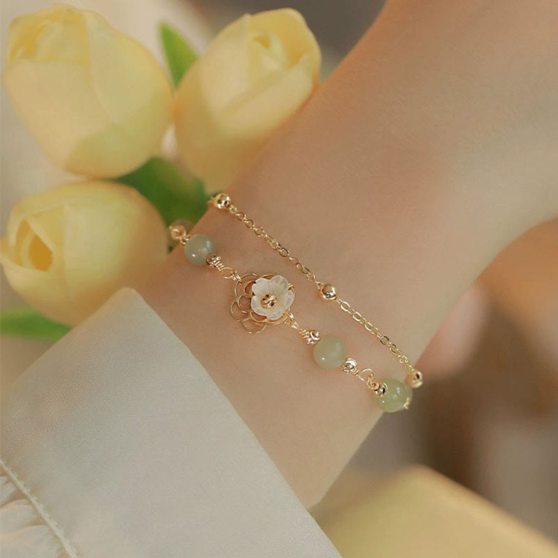Wear FengShui 14K Gold Plated Jade Butterfly Tridacna Stone Flower Double Layer Luck Bracelet