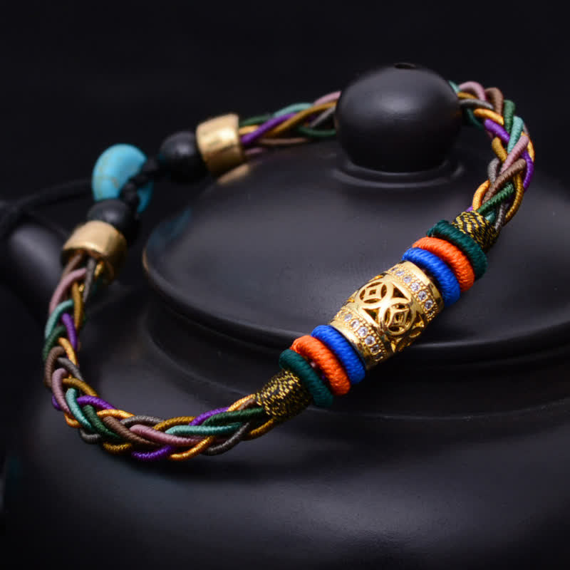 Wear FengShui Tibetan Handmade Eight Thread Knot Copper Coin Luck Weave String Bracelet