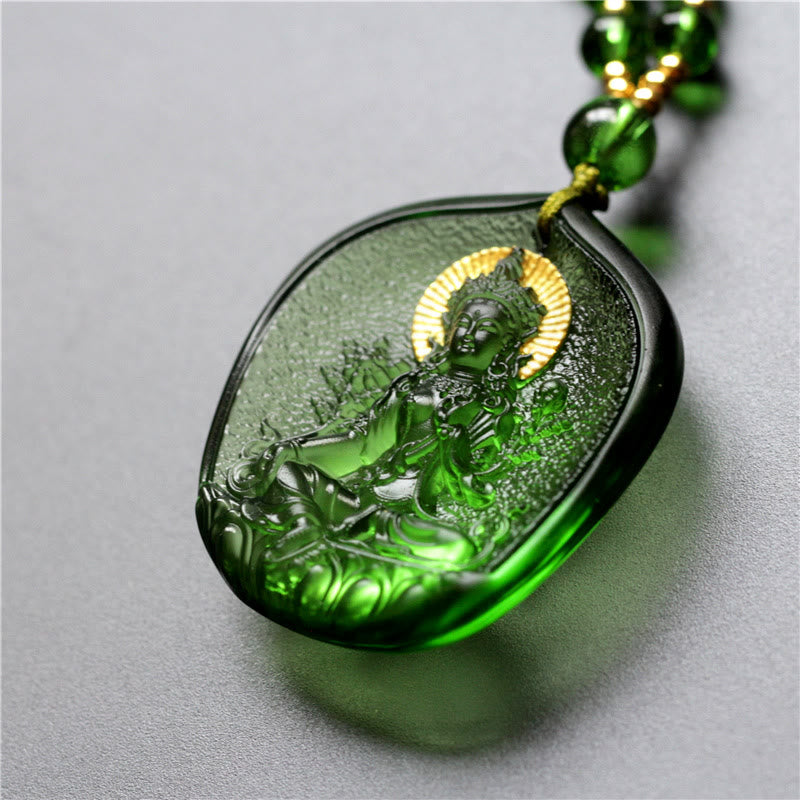Wear FengShui Tibetan Green Tara Buddha Gold Plated Liuli Crystal Protection Necklace Pendant