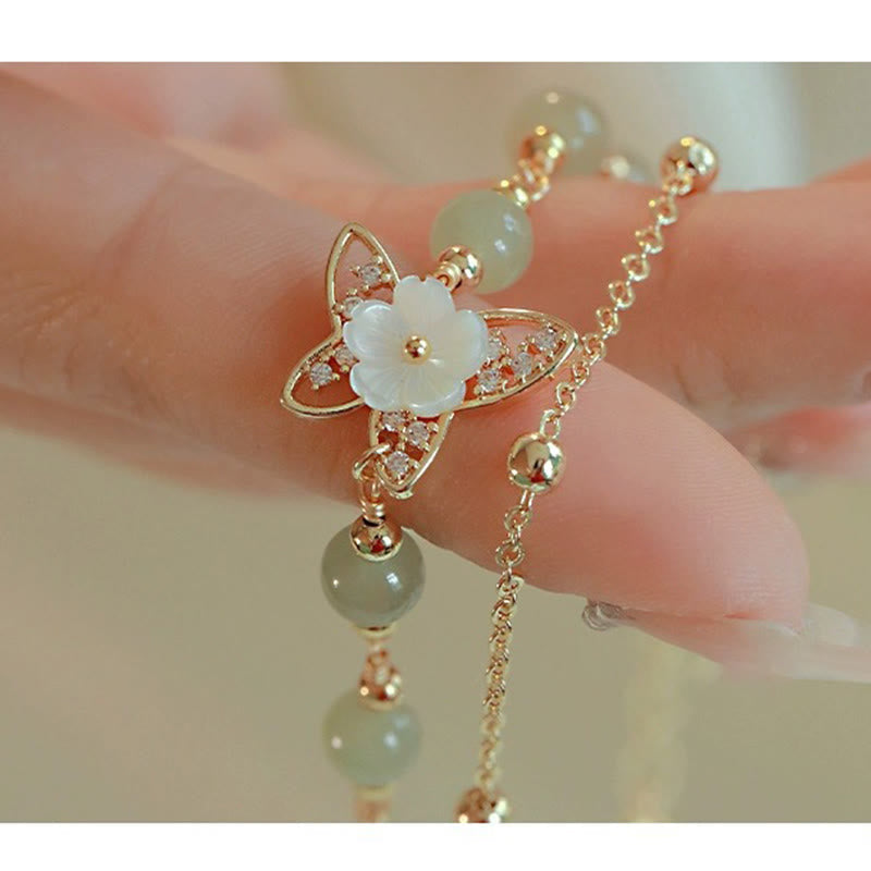 Wear FengShui 14K Gold Plated Jade Butterfly Tridacna Stone Flower Double Layer Luck Bracelet