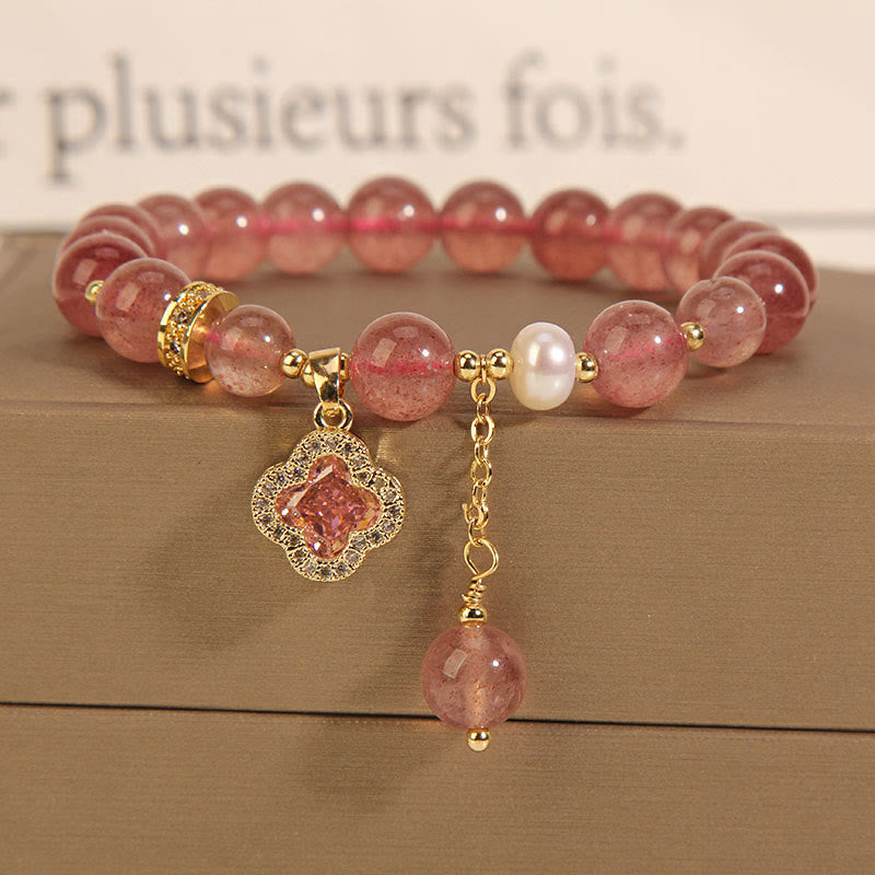 Wear FengShui Strawberry Quartz Pearl Four Leaf Clover Charm Healing Bracelet