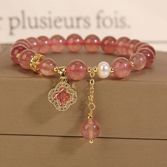 Wear FengShui Strawberry Quartz Pearl Four Leaf Clover Charm Healing Bracelet