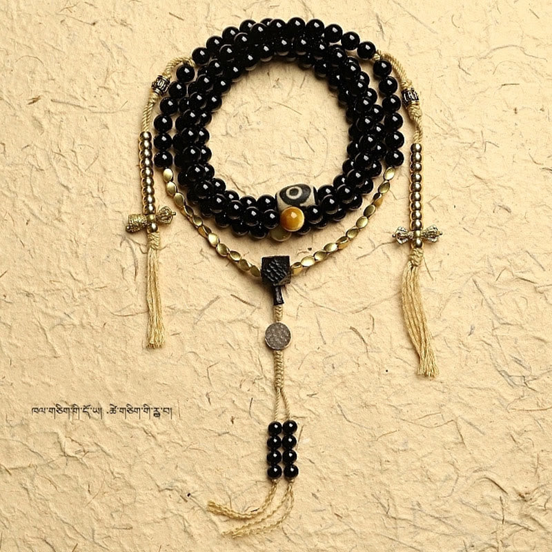 Wear FengShui Tibetan 108 Mala Beads Black Onyx Three-eyed Dzi Beads Protection Bracelet