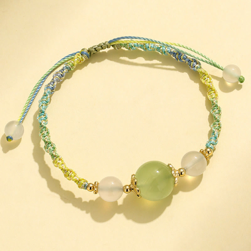 Wear FengShui Strawberry Quartz Pink Crystal Prehnite White Agate Bead Healing Rope Bracelet