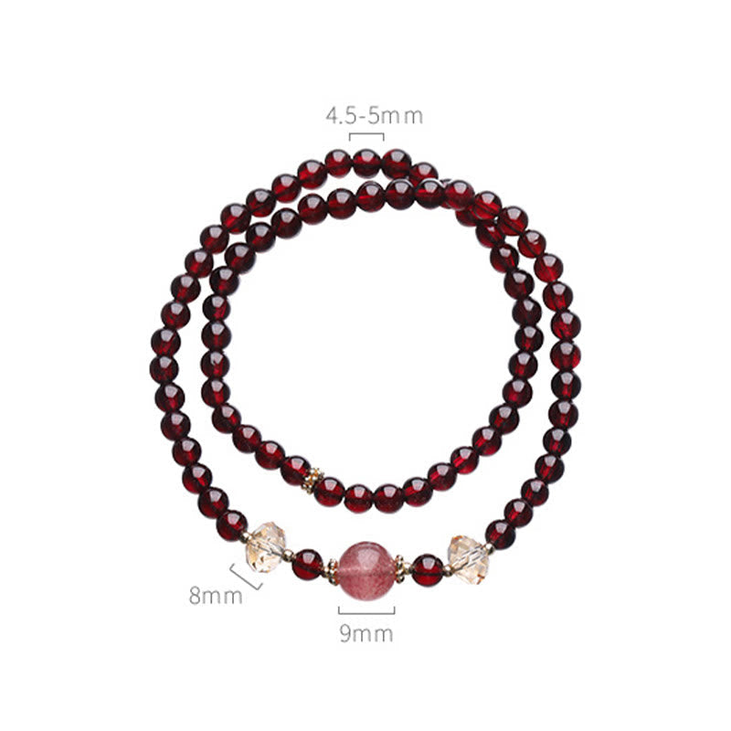 Wear FengShui 14K Gold Plated Natural Garnet Strawberry Quartz Stability Double Wrap Bracelet