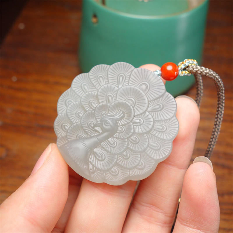 Wear FengShui White Jade Peacock Protection Blessing Necklace Pendant