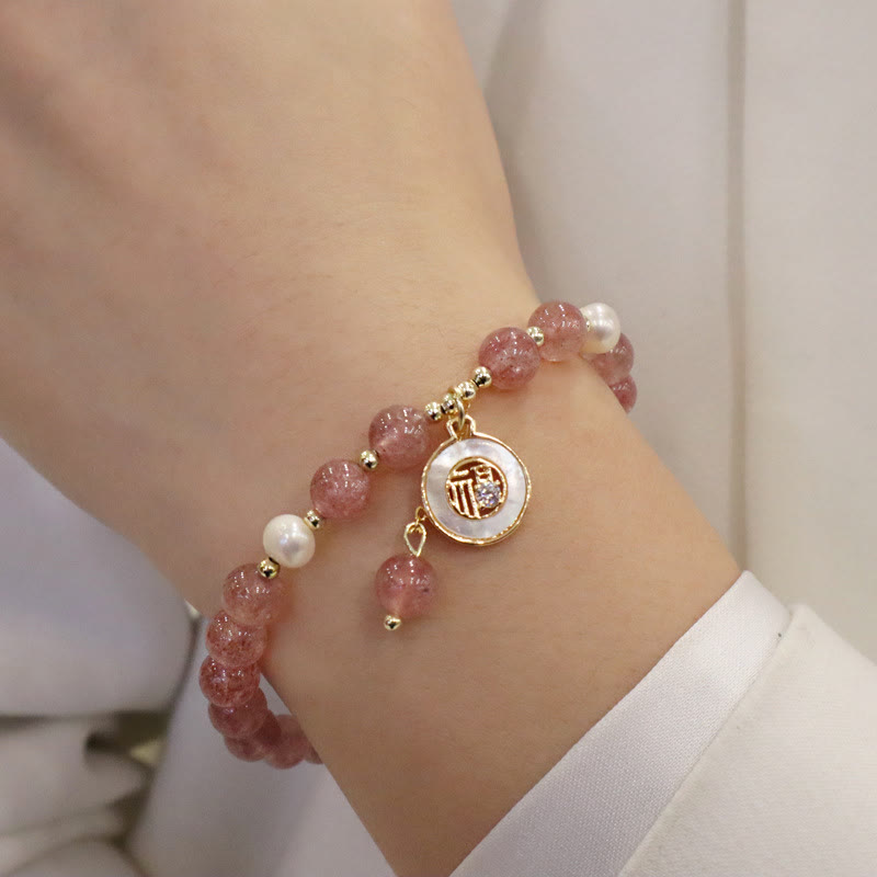 Wear FengShui Strawberry Quartz Pearl Elk Smiley Face Fishtail Fu Character Charm Healing Bracelet