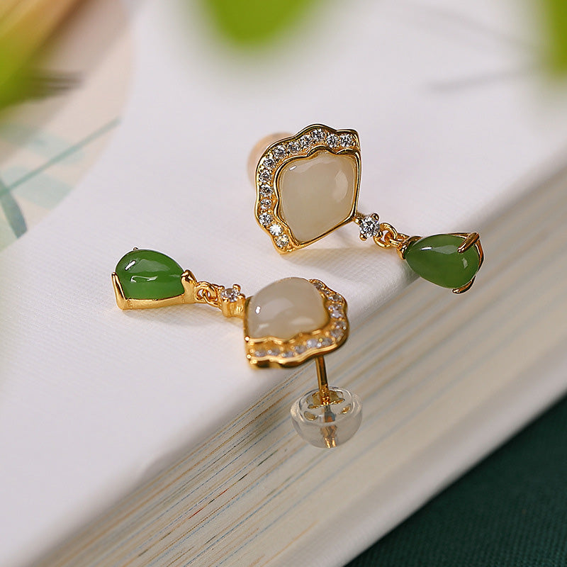 Wear FengShui White Jade Cyan Jade Fan Water Drop Pattern Luck Drop Earrings