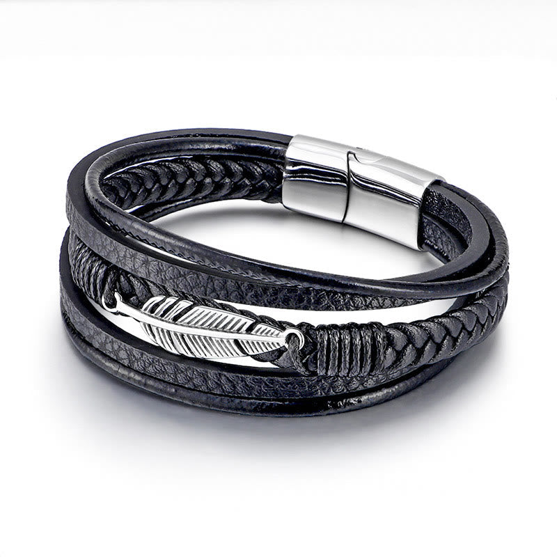 Wear FengShui Feather Pattern Multilayer Leather Titanium Steel Calm Braided Magnetic Buckle Bracelet