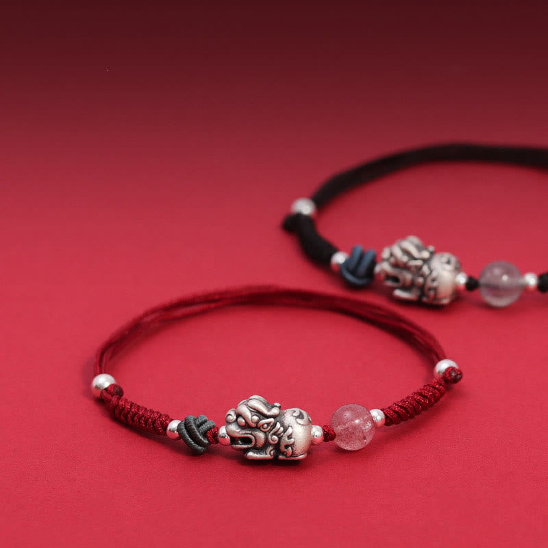 Wear FengShui 999 Sterling Silver PiXiu Strawberry Quartz Bead Wealth Luck Braided Bracelet