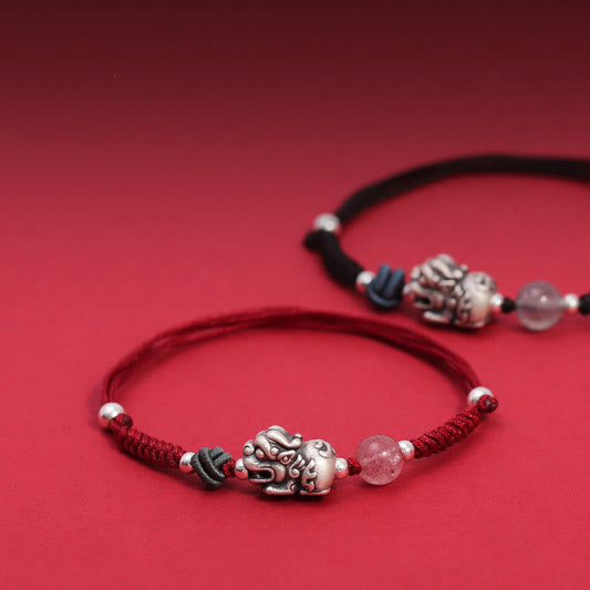 Wear FengShui 999 Sterling Silver PiXiu Strawberry Quartz Bead Wealth Luck Braided Bracelet