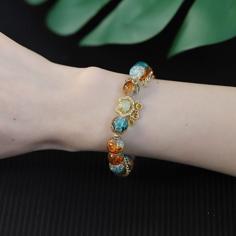 Wear FengShui Colorful Liuli Glass Bead Chinese Lock Charm Fortune Bracelet