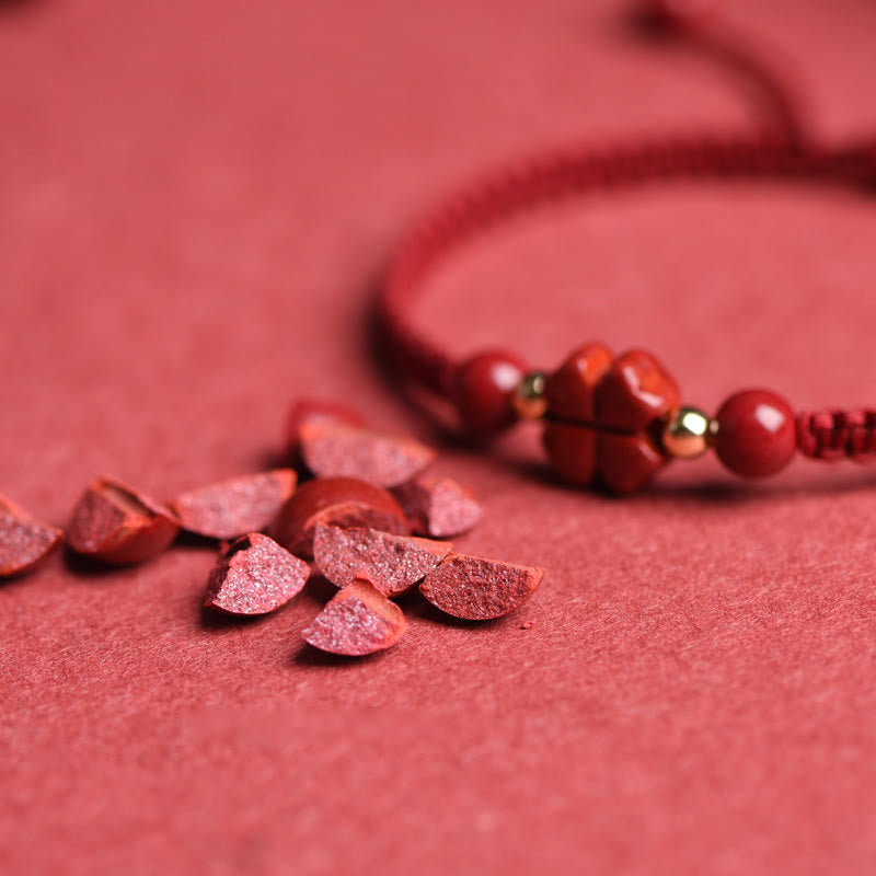 Wear FengShui Four Leaf Clover Five-petal Flower Cinnabar Blessing Red String Bracelet