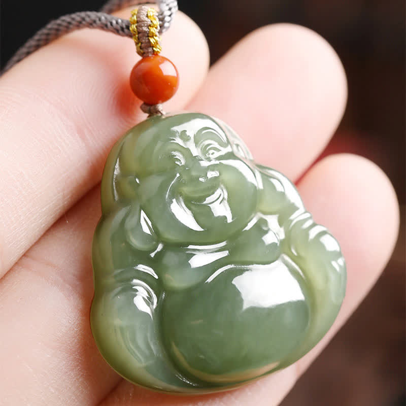 Wear FengShui Laughing Buddha Hetian Jade Abundance Necklace String Pendant