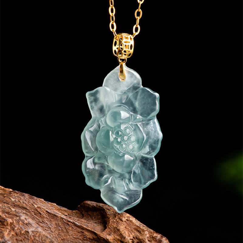 Wear FengShui Natural Jade Lotus Pattern Prosperity Titanium Steel Chain Necklace Pendant