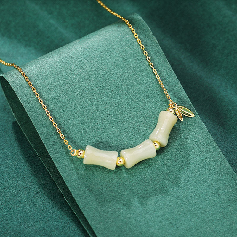 Wear FengShui 925 Sterling Silver Hetian Jade Bamboo Fu Character Prosperity Necklace Pendant Bracelet