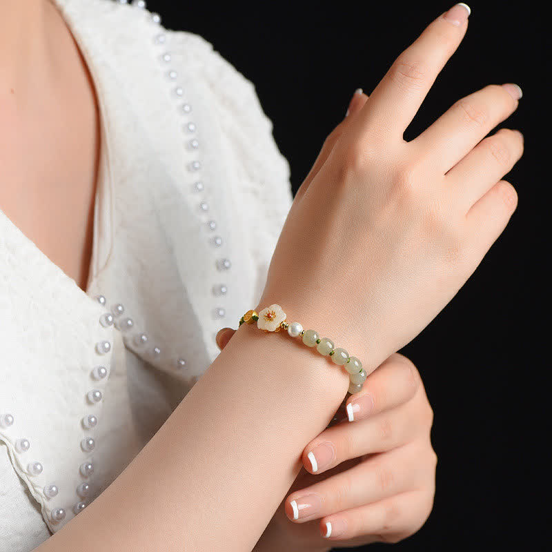 Wear FengShui 925 Sterling Silver Natural Hetian Jade Peach Blossom Luck Bracelet
