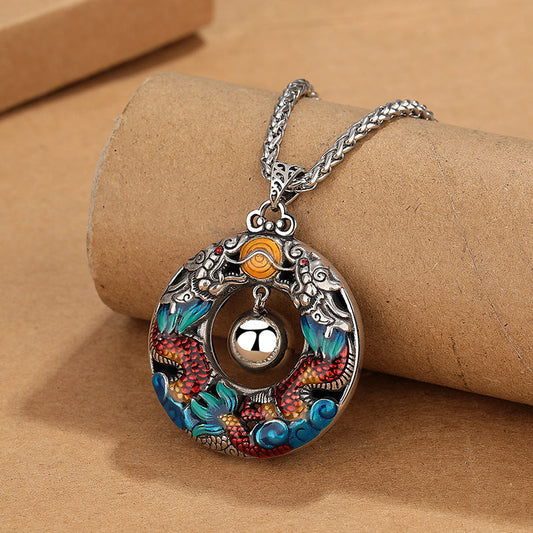 Wear FengShui Year of the Dragon Colorful Double Dragons Playing Bead Copper Protection Necklace Pendant