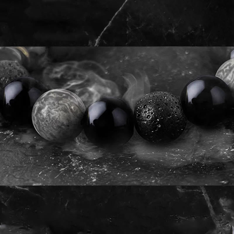 Wear FengShui Black Obsidian Lava Rock Stone Yin Yang Strength Bracelet
