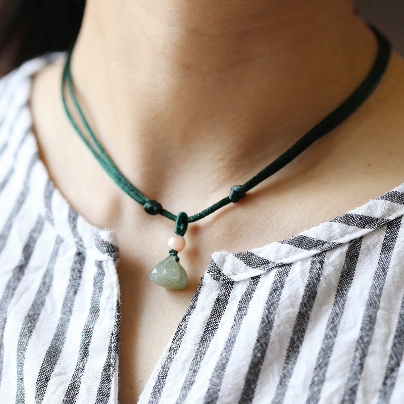 Wear FengShui Natural Round Jade Peace Buckle Lotus Abundance String Necklace Pendant