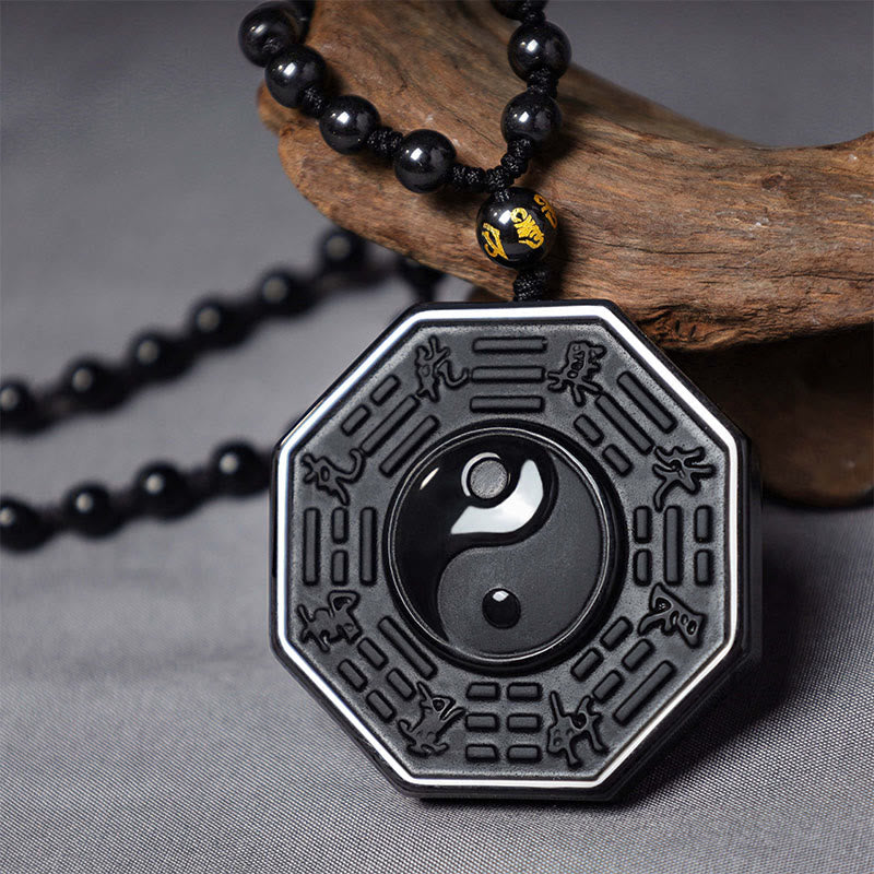 Wear FengShui Black Obsidian Stone Yin Yang Pendant Necklace