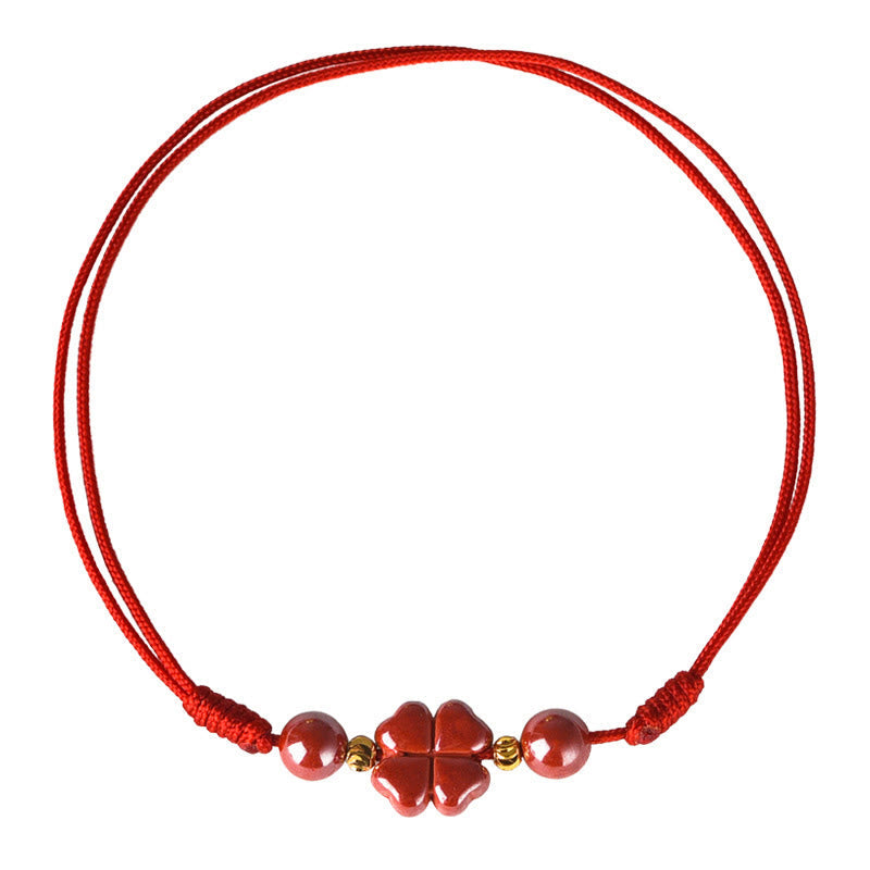Wear FengShui Four Leaf Clover Cinnabar Blessing Calm String Bracelet Anklet