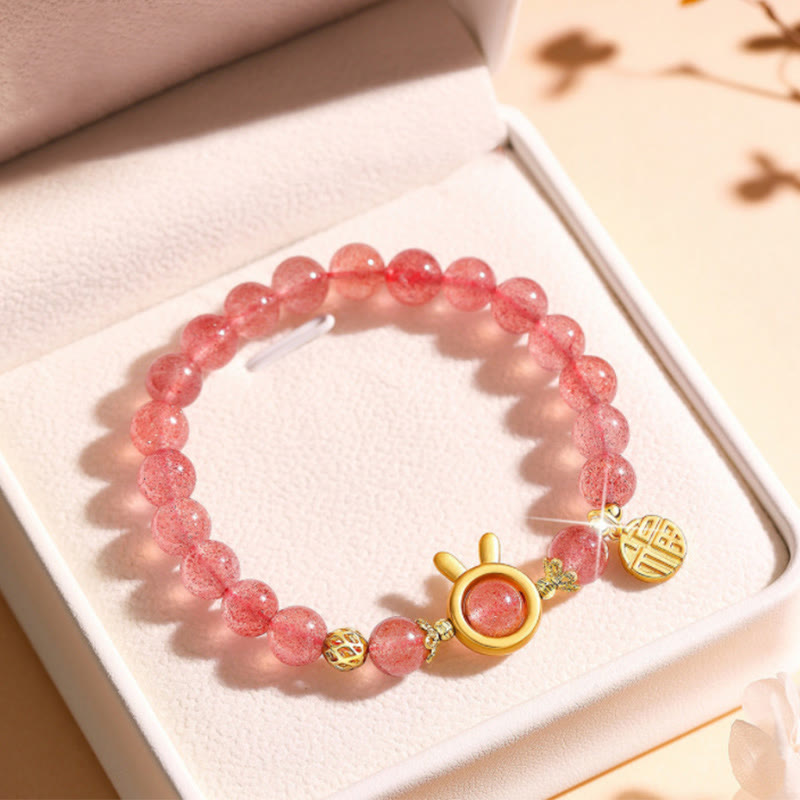 Wear FengShui Strawberry Quartz Fu Character Pink Crystal Healing Bracelet