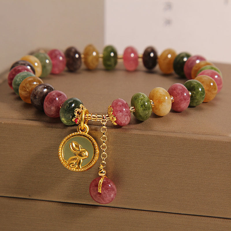 Wear FengShui Natural Colorful Tourmaline Cute Rabbit Charm Positive Bracelet