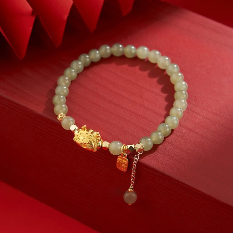 Wear FengShui Year of the Dragon Dumpling Natural Red Agate Garnet Hetian Jade Fu Character Luck Success Bracelet