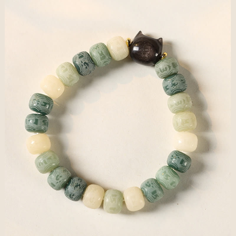Wear FengShui Bodhi Seed Silver Sheen Obsidian Cat Head Om Mani Padme Hum Engraved Harmony Bracelet