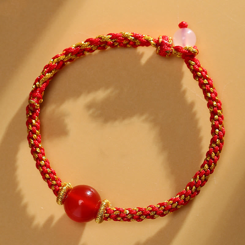 Wear FengShui Handmade Red Agate Amethyst Golden Rutilated Quartz Pink Crystal Bead Calm Braided Bracelet