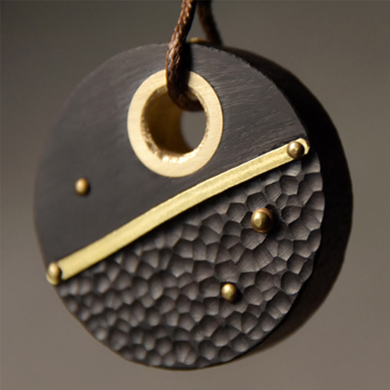 Wear FengShui Handcrafted Round Ebony Wood Brass Copper Peace Necklace Pendant
